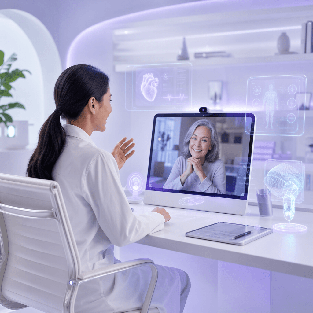 Clinician and patient meeting in a virtual telehealth consultation