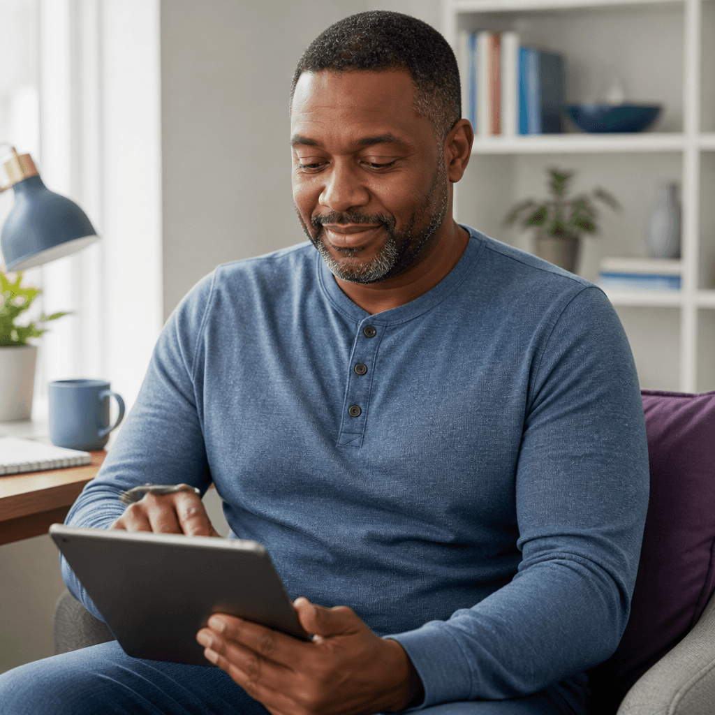 Patient reviewing a telehealth intake on a tablet