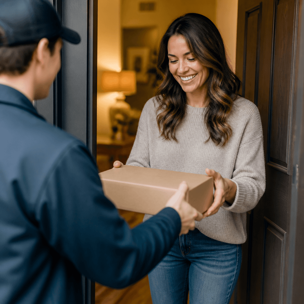 Patient receiving discreet pharmacy delivery at the door