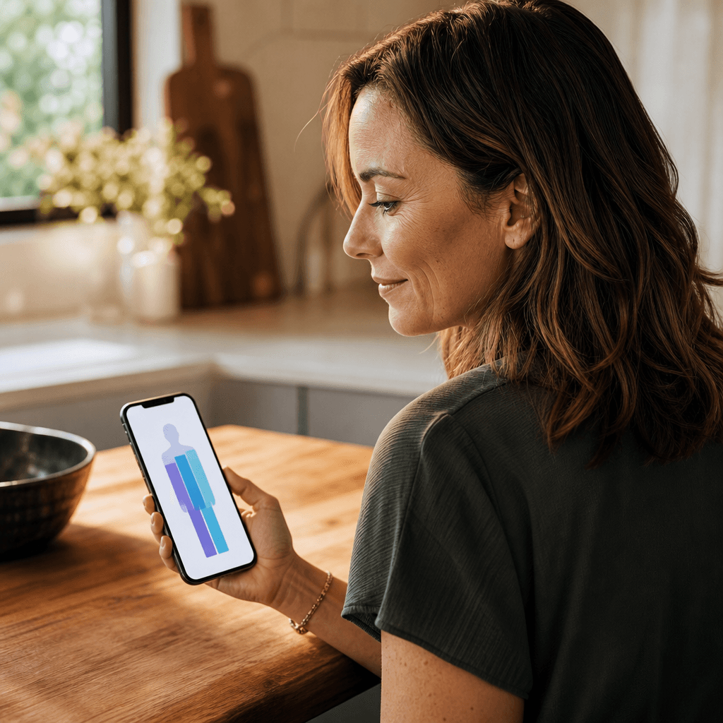 Patient reviewing a body-composition report on a phone in a calm home