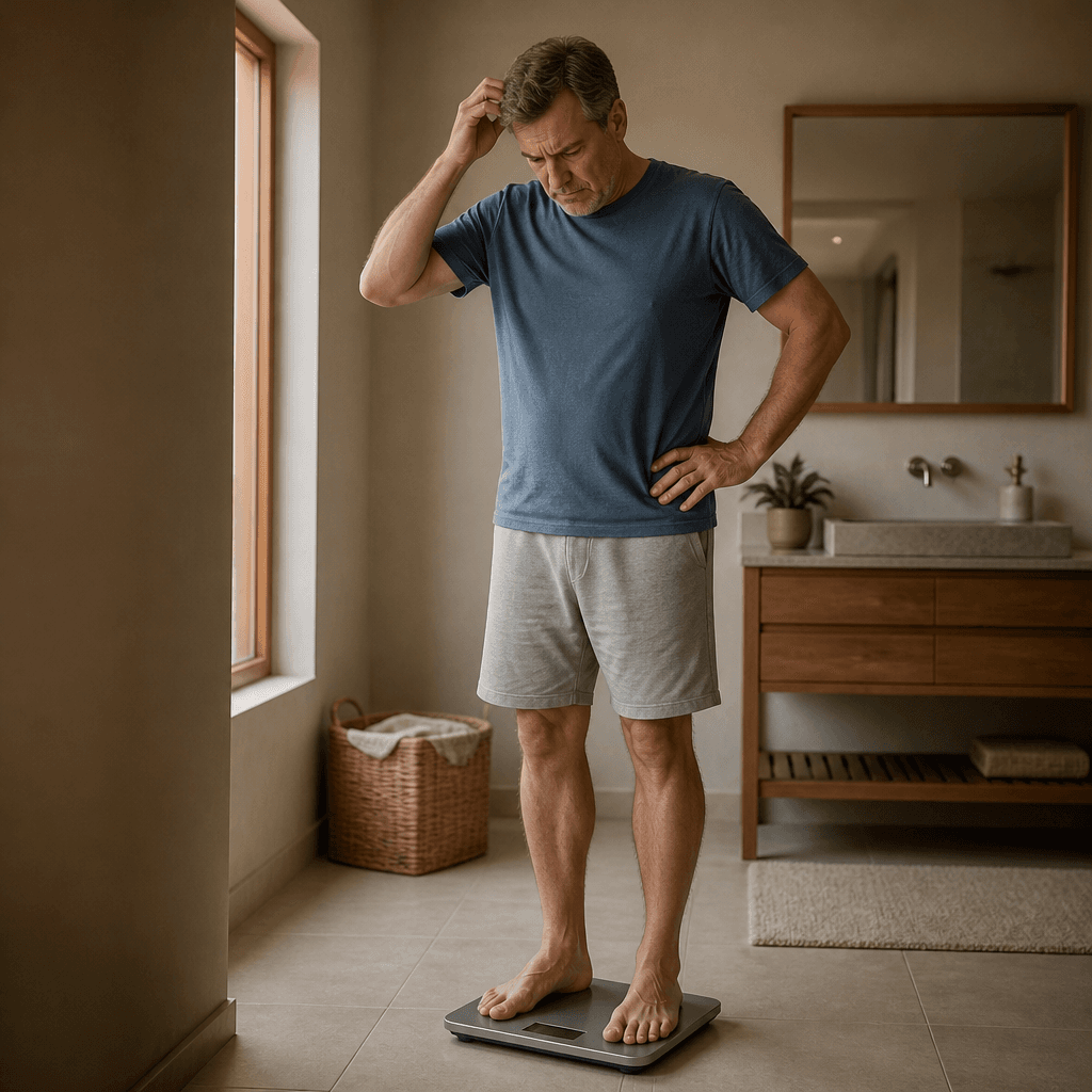 Man looking down at a bathroom scale with a doubtful expression