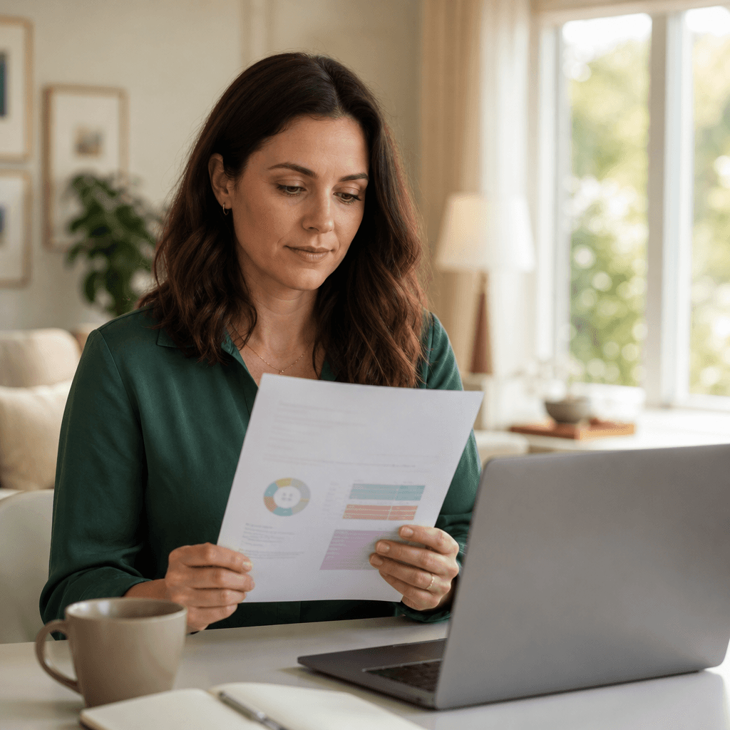 Patient organizing a printed health report beside a laptop at home