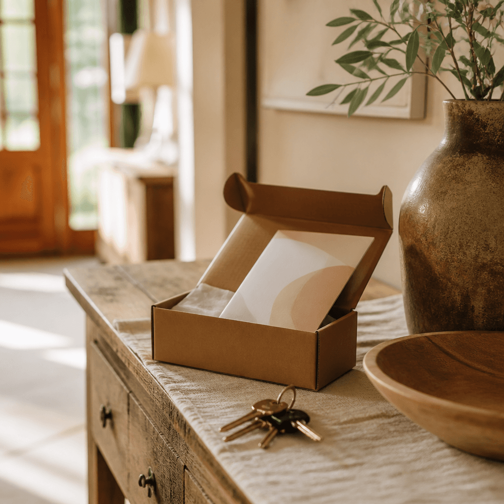 A plain care package opened on a hallway table at home