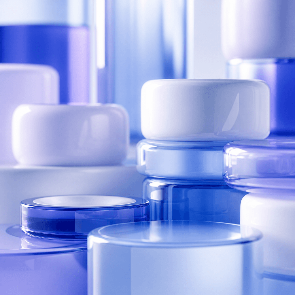 Clean stacked translucent forms in white and blue