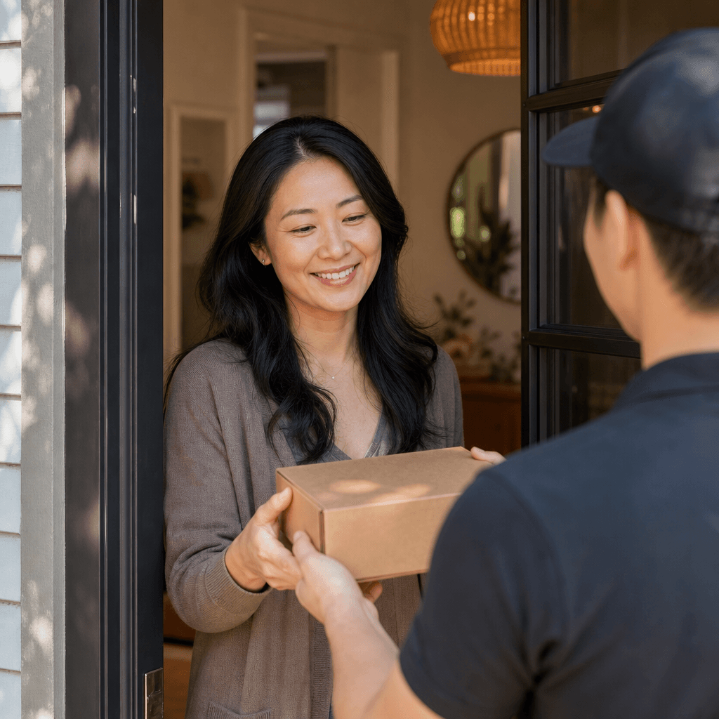 Patient receiving a discreet pharmacy package at home
