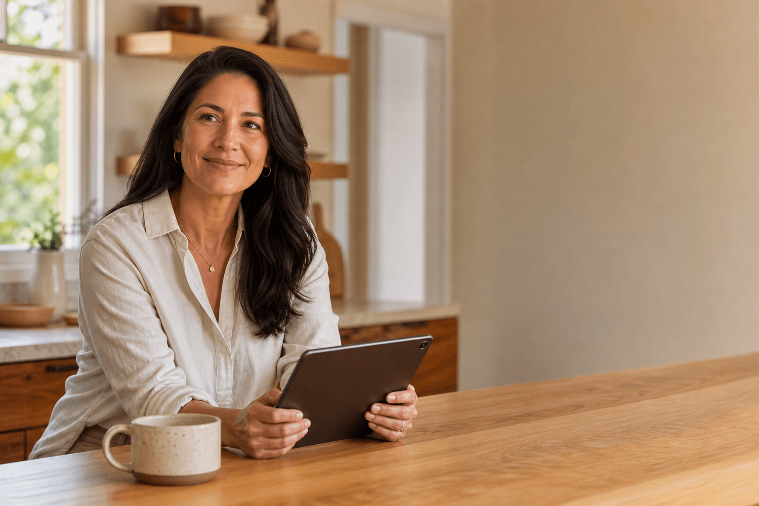 Person reviewing a treatment plan on a laptop in a sunlit kitchen